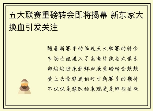 五大联赛重磅转会即将揭幕 新东家大换血引发关注