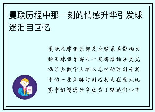 曼联历程中那一刻的情感升华引发球迷泪目回忆